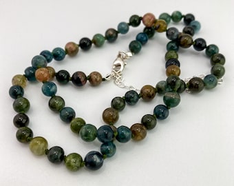 Hand-knotted Watermelon Tourmaline Bead Necklace with Sterling Silver Clasp & Adjuster, 20-24", teal blue green, pink, golden yellow