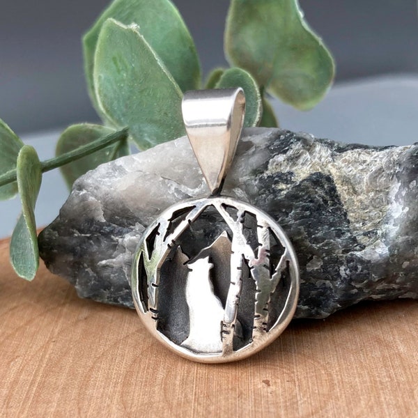 Silver Shadowbox Scene Pendant: Wolf/Mountain/Forest