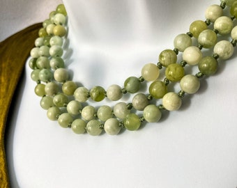 Hand-knotted Spring Green Serpentine Infinity Loop Bead Necklace: 58” opera length no clasp super long chunky statement necklace