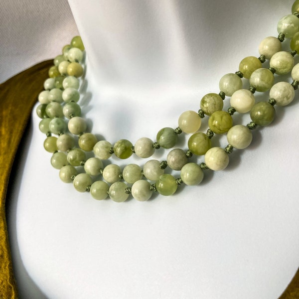 Hand-knotted Spring Green Serpentine Infinity Loop Bead Necklace: 58” opera length no clasp super long chunky statement necklace