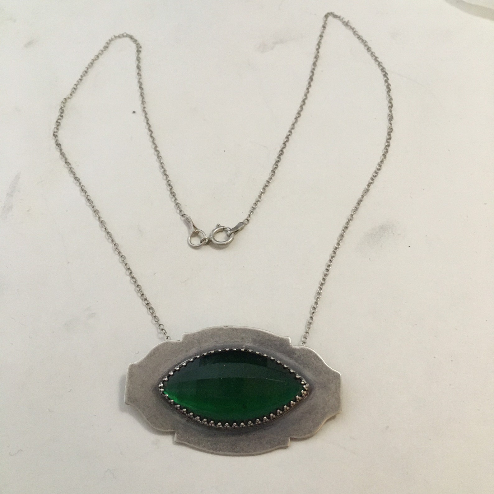 Silver & Vintage Green Glass Necklace Etsy