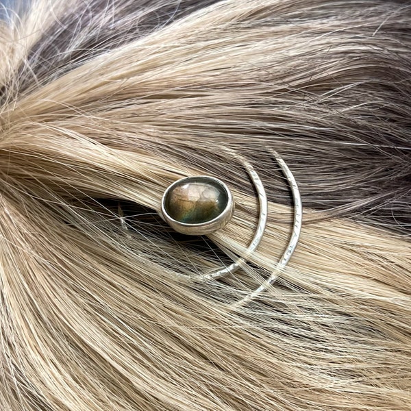 Spiral Hair Pin in Argentium Silver & Labradorite
