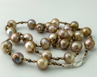 Freshwater Pearl, Champagne Zircon, and Pyrite Hand-Knotted Necklace with Sterling Silver Clasp