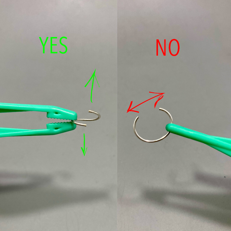 May include: A split image shows a green tool holding a silver metal ring, labeled "YES" with a green arrow, and a silver ring being pulled apart, labeled "NO" with a red arrow. The tool has a serrated gripping end.