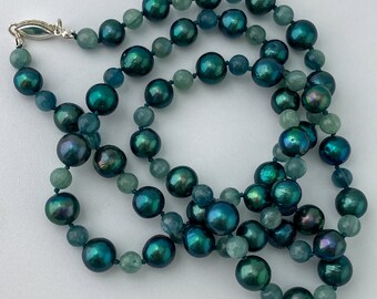 Deep Blue-Green Freshwater Pearl & Bicolor Kyanite Hand-knotted Necklace with Sterling Silver Clasp Opera Length