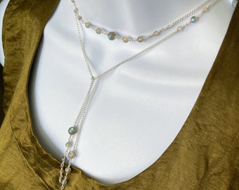 Silver & Labradorite Lariat Necklace - no clasp long chain and wire wrapped tie necklace with flashy iridescent gemstone beads