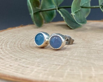 Blue Chalcedony & Silver Handmade Stud Earrings