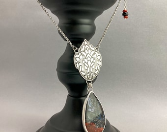 Black and Red Moss Agate Long Statement Necklace with Embossed Silver Medallion