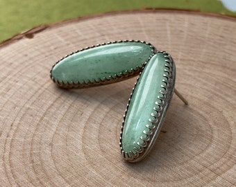 Mint Green Aventurine Long Oval Stud Earrings in Sterling Silver