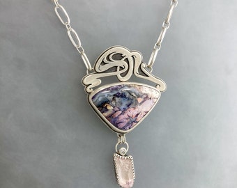 Silver Statement Necklace with Tiffany Stone, Raw Kunzite, and Handmade Chain