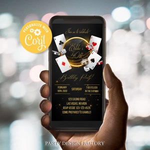 Invitation de casino en téléchargement numérique modifiable, cartes Ace Plying, reine de cœur, diamants, piques, clubs, soirée casino, envoi par texte 0011