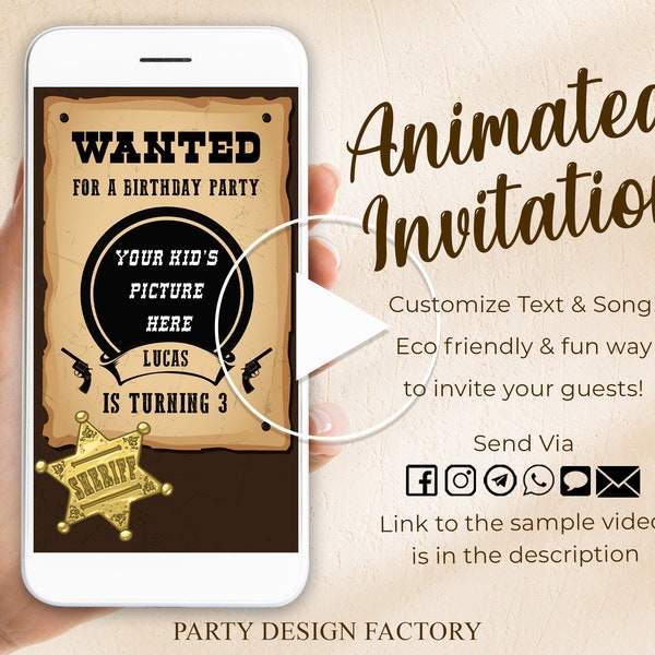 Western Rodeo Cowboy Cowgirl Wanted Animated Invitation, Birthday Invitation, Fun Themes Custom Invites, Kids Party, Send via Text Message