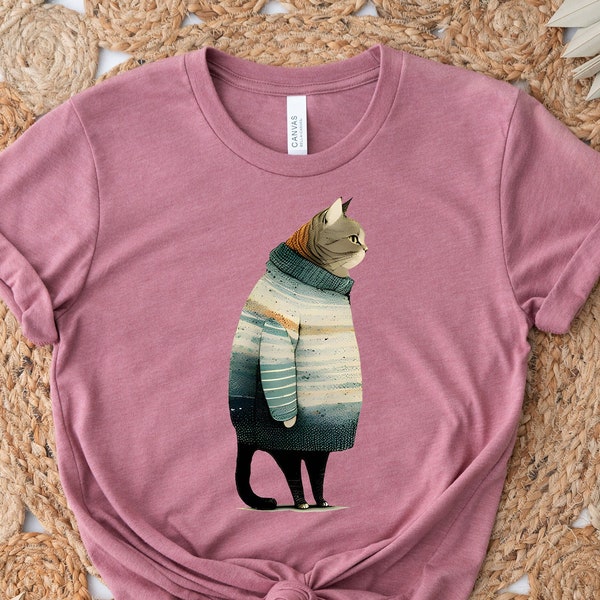 Fat Gray Cat Wearing Sweater Shirt, Funny Fat Cat Shirt, Winter Cat T-Shirt, Cat Lover Gift, Cat Mom Shirt, Pet Lover Tee, Cute Cat Shirt