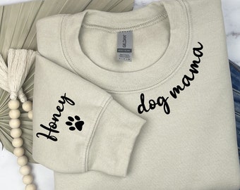 Custom Dog Mom Sweatshirt with Pet Name on Sleeve Dog Mama Sweatshirt Gift for Pet Lovers Dog Mom Gift Custom Dog Sweatshirt Cat Mom Sweater