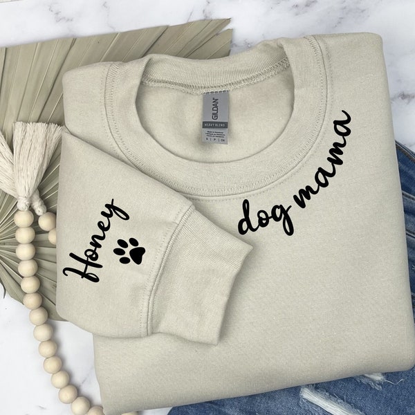 Custom Dog Mom Sweatshirt with Pet Name on Sleeve Dog Mama Sweatshirt Gift for Pet Lovers Dog Mom Gift Custom Dog Sweatshirt Cat Mom Sweater