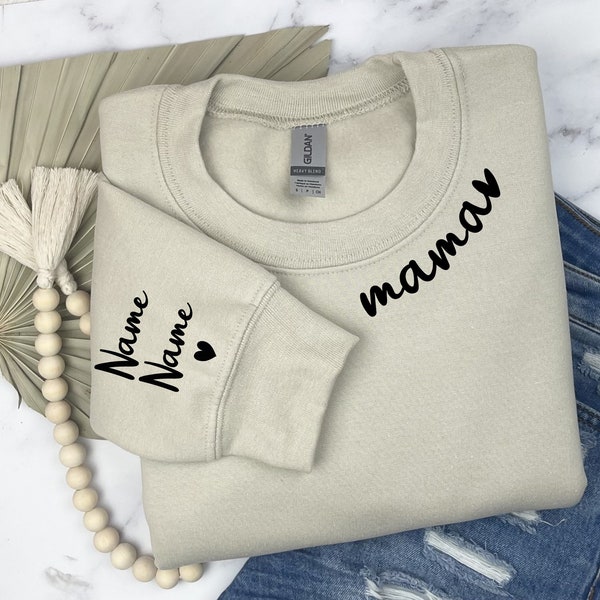 Benutzerdefiniertes Mama-Sweatshirt mit dem Namen des Kindes auf dem Ärmel, personalisiertes Mama-Sweatshirt, minimalistisches Mama-Sweatshirt, Weihnachtsgeschenk für Mama, Geschenk für Sie