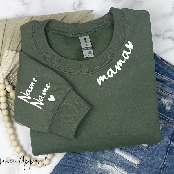 Custom Mama Sweatshirt With Kid Name On Sleeve, Personalized Mother's Day Gift, Minimalist Mom Sweater, Cute Gift For Mom, Mama Sweatshirt