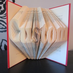Op de afbeelding: Een boek met het woord "CUSTOM" gevouwen in de pagina's. Het boek heeft een rode kaft en ligt op een donker oppervlak.