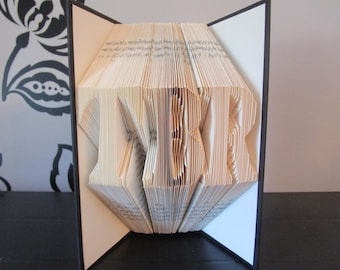 May include: A book with the word "LOVE" folded into the pages. The book is open and the pages are folded to create a 3D effect. The book is on a black surface.