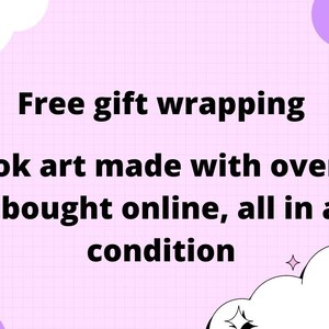 May include: A graphic with text that reads "Free gift wrapping" and "All book art made with overstock books bought online, all in as new condition." The background is a light pink grid pattern with purple and white decorative elements.