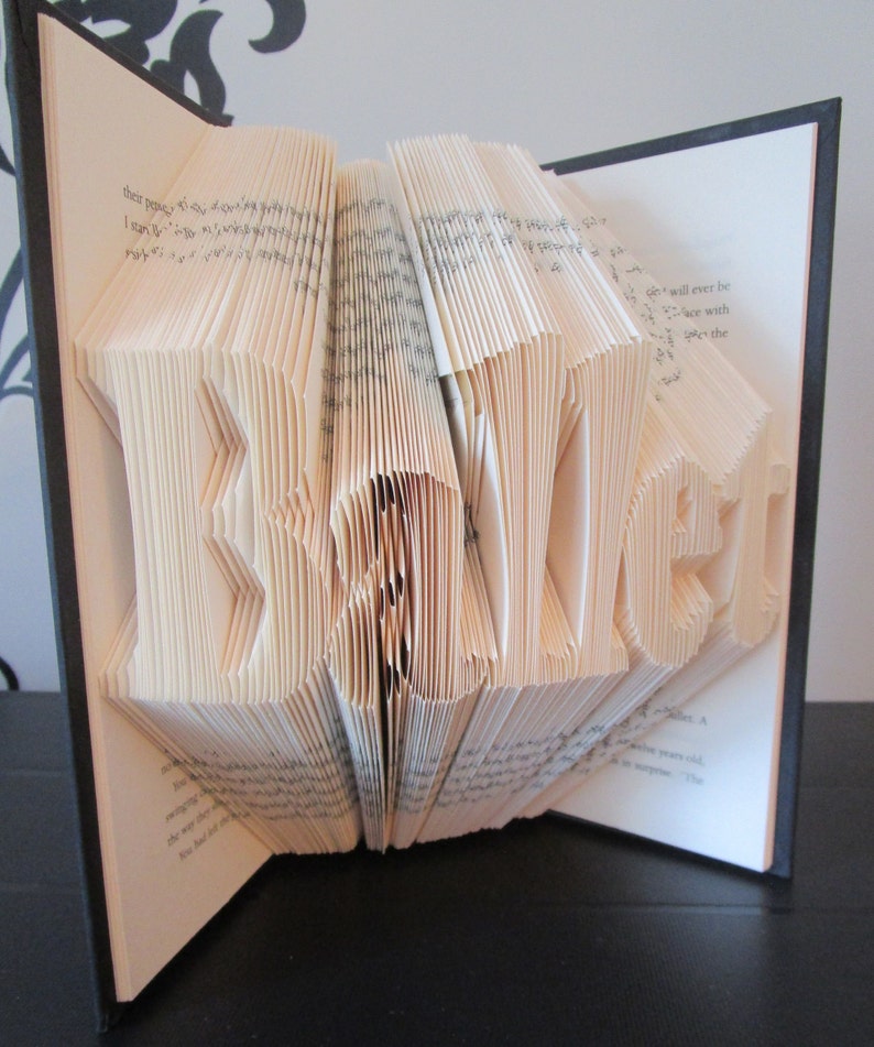 May include: A handmade book sculpture with the word "SECRET" folded into the pages. The book is open, revealing the sculpted letters in a three-dimensional design. The pages are a light beige color, and the book has a black cover.
