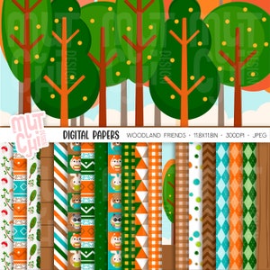 Woodland Digital Paper Set, Woodland, Forest, Animals, Graphics, Backgrounds, JPG, Scrapbook, Woodland animals, Printable