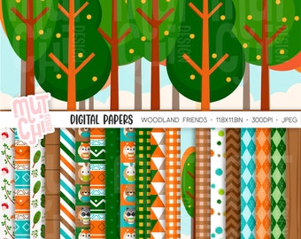 Woodland Animals Digital Paper Set, Forest Graphics (JPG)