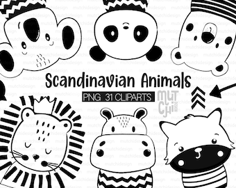 May include: Black and white illustrations of Scandinavian animals, including a lion, panda, koala, hippopotamus, and fox. The illustrations are in a simple, cartoon style and are perfect for use in crafts, scrapbooking, or digital design.