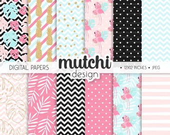 Tropical Flamingo Digital Paper, Summer Scrapbook Patterns (JPEG)
