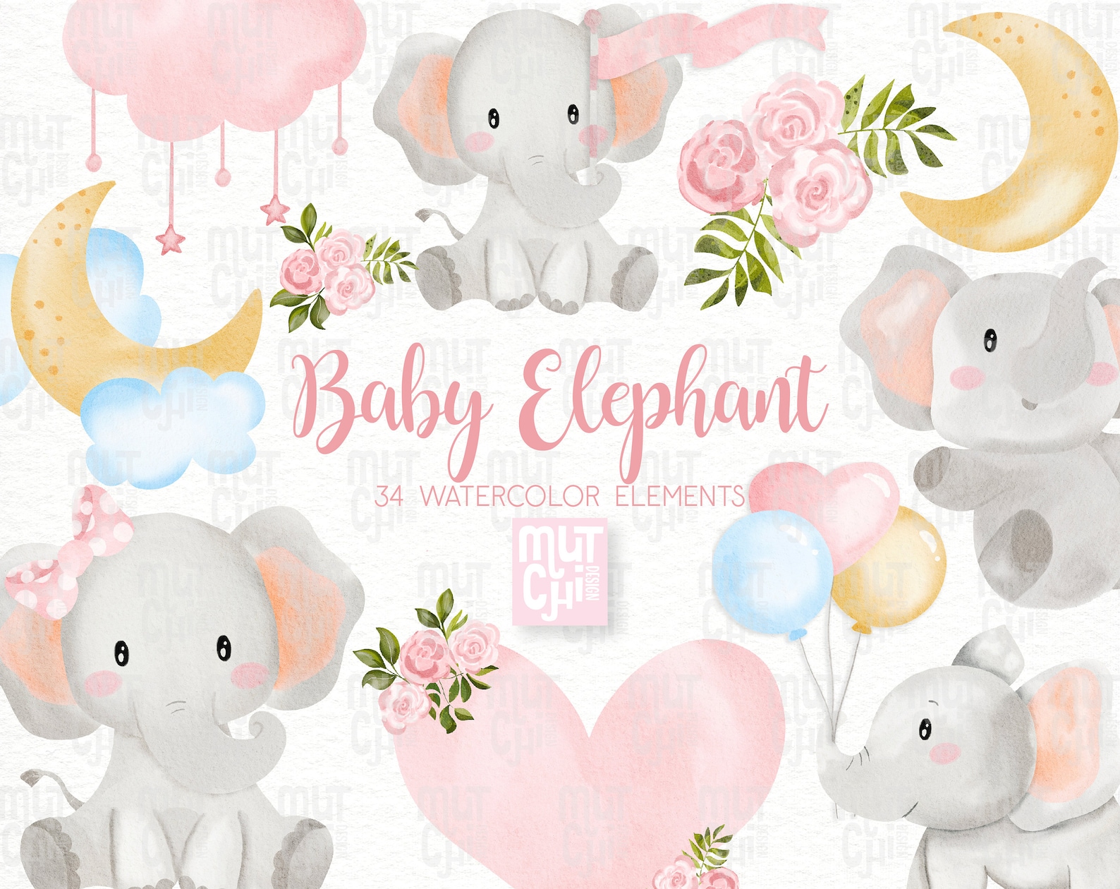 Pink Watercolor Baby Elephant Clipart, Nursery Art PNG (digital ...