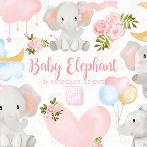 Baby elephant clipart, pink watercolor elephant PNG, safari jungle animal clipart, nursery art, baby girl clipart png, prints, watercolor