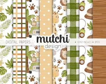 Può includere: Set di 8 carte digitali a tema giungla con vari motivi, tra cui plaid verde e marrone, strisce bianche e marroni, pois bianchi su sfondo beige, impronte di zampe su sfondo bianco, una jeep da safari con animali, una giraffa con una zebra e impronte di zampe, un plaid verde e bianco e un motivo a venature di legno marrone. Le carte sono di 30,48 x 30,48 cm e sono in formato JPEG. Il testo "mutchi design" è al centro dell'immagine.