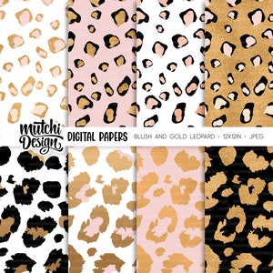 Könnte beinhalten: Vier digitale Papierdesigns mit einem Leopardenmuster in Schwarz, Gold und Blush-Rosa. Der Text "mutchi Design DIGITAL PAPERS BLUSH AND GOLD LEOPARD 12X12IN JPEG" befindet sich oben im Bild.