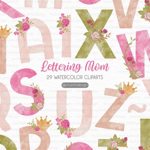 Alfabeto floral Clipart , Creador de letras de acuarela, alfabeto rosa, creador de nombres, día de las madres