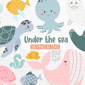 Meer Tiere Svg Png Clipart Set, unter dem Meer, Tiere, Clipart Set, Illustrationen, niedliche Tiere, Meer Leben, Ozean, Strand, U-Boot