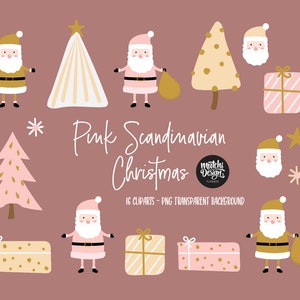 Pink Scandinavian Christmas Clipart PNG Transparent Background images Christmas Illustrations Set Minimalist xmas Pink Santa claus