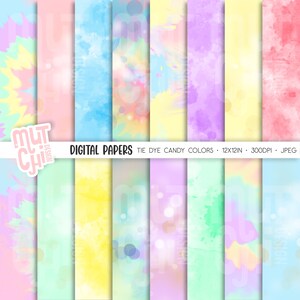 Może przedstawiać: Zestaw 10 cyfrowych papierów z wzorami tie dye w pastelowych kolorach. Papiery mają rozmiar 12x12 cali i rozdzielczość 300 DPI.