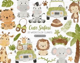 May include: A set of 33 watercolor safari animal clipart illustrations. The illustrations include a tiger, zebra, giraffe, lion, elephant, monkey, hippopotamus, and a jeep. The illustrations are in a cute cartoon style and are perfect for use in scrapbooking, card making, invitations, and other craft projects.