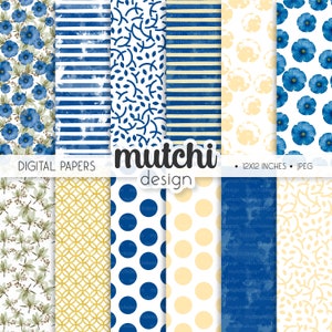 Blue Floral Watercolor Digital Paper Set, JPG, Digital, Romantic graphics, Watercolor, Papers, Floral Backgrounds, Blue Floral Backgrounds