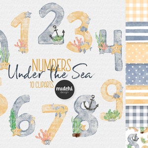 Unter dem Meer Zahlen Clipart Bundle, digitale Papiere, nahtlose Muster, Aquarell Meerestiere, süße Illustrationen, Zahlen, nautisch