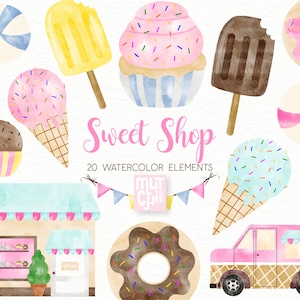 Acuarela Sweet Clipart, cliparte de dulces pintados a mano, clipart de postre, clipart de cupcakes, clipart de donuts, helado, popscicle, brigadeiro