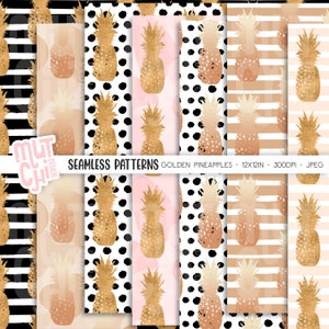 May include: Set of five seamless digital paper patterns featuring gold glitter pineapples on various backgrounds. The patterns include black and white stripes, black and white polka dots, pink watercolor with white polka dots, brown and white stripes, and a light brown background with white polka dots. The text "SEAMLESS PATTERNS GOLDEN PINEAPPLES 12X12IN 300DPI JPEG" is at the bottom of the image.