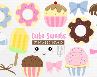 May include: A set of 21 digital clipart images featuring cute cartoon sweets, including donuts, cupcakes, lollipops, and ice cream. The images are in a variety of colors and have a whimsical, cartoon style. The text "Cute Sweets 21 PNG CLIPSARTS" is included in the image.