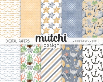 Watercolor Sea Animals Digital Paper Set, Nautical Patterns (JPEG)