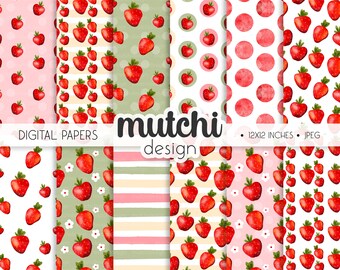 Könnte beinhalten: Satz mit sechs digitalen Papiermustern mit einem Erdbeermotiv. Die Muster umfassen rosa Punkte, grüne Punkte, rosa und weiße Streifen, grüne und weiße Streifen, weiß mit roten Erdbeeren und weiß mit roten Erdbeeren und weißen Blumen.