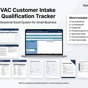 May include: An HVAC Customer Intake & Qualification Tracker digital system displayed on a laptop screen, accompanied by various document previews including an intake log, qualification guide, printable and editable PDF forms, and a quick start guide.