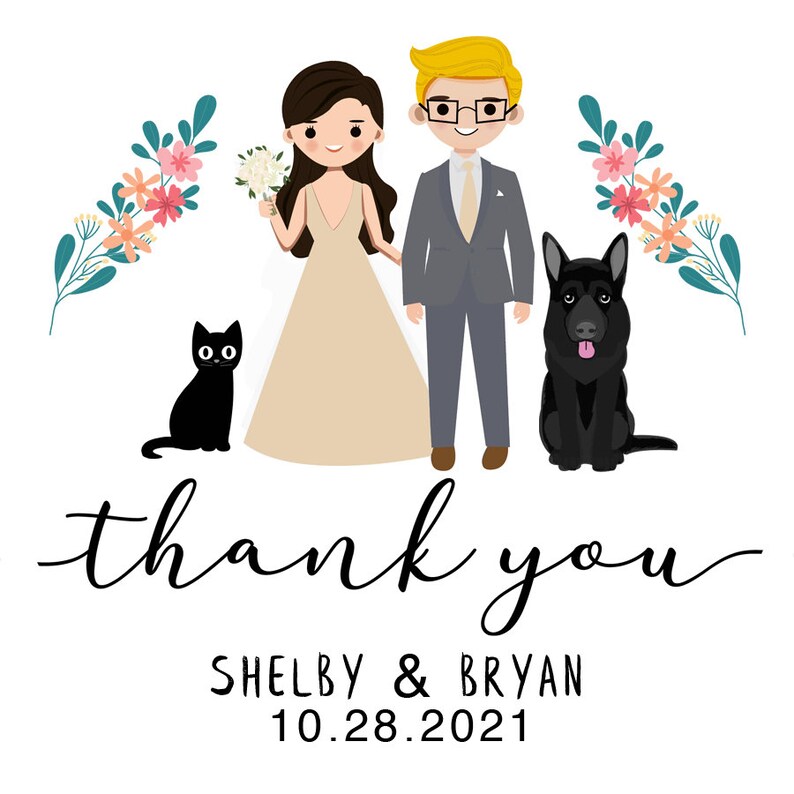 100 Wedding Thank You labels, Wedding Favor Stickers, Cartoon Figure Personalization Premium Labels-NEXT DAY SHIPPING image 7
