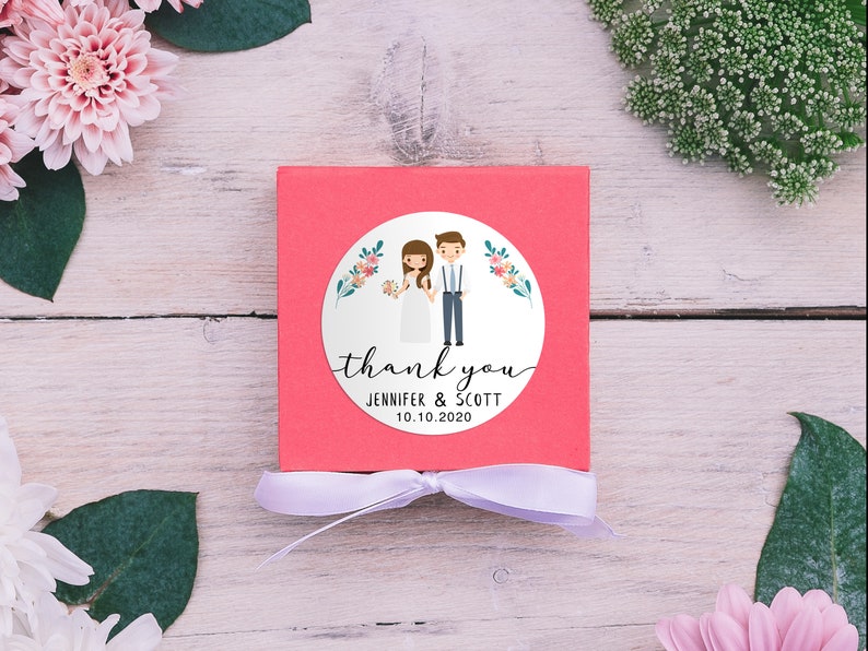 100 Wedding Thank You labels, Wedding Favor Stickers, Cartoon Figure Personalization Premium Labels-NEXT DAY SHIPPING image 3