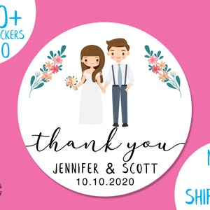 100 Wedding Thank You labels, Wedding Favor Stickers, Cartoon Figure Personalization Premium Labels-NEXT DAY SHIPPING image 1