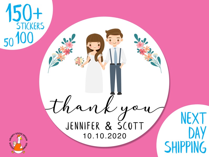 100 Wedding Thank You labels, Wedding Favor Stickers, Cartoon Figure Personalization Premium Labels-NEXT DAY SHIPPING image 1